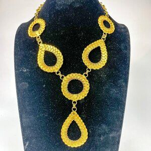 Gold Tone Statement Y shaped Necklace With Woven Teardrop & Circle Links